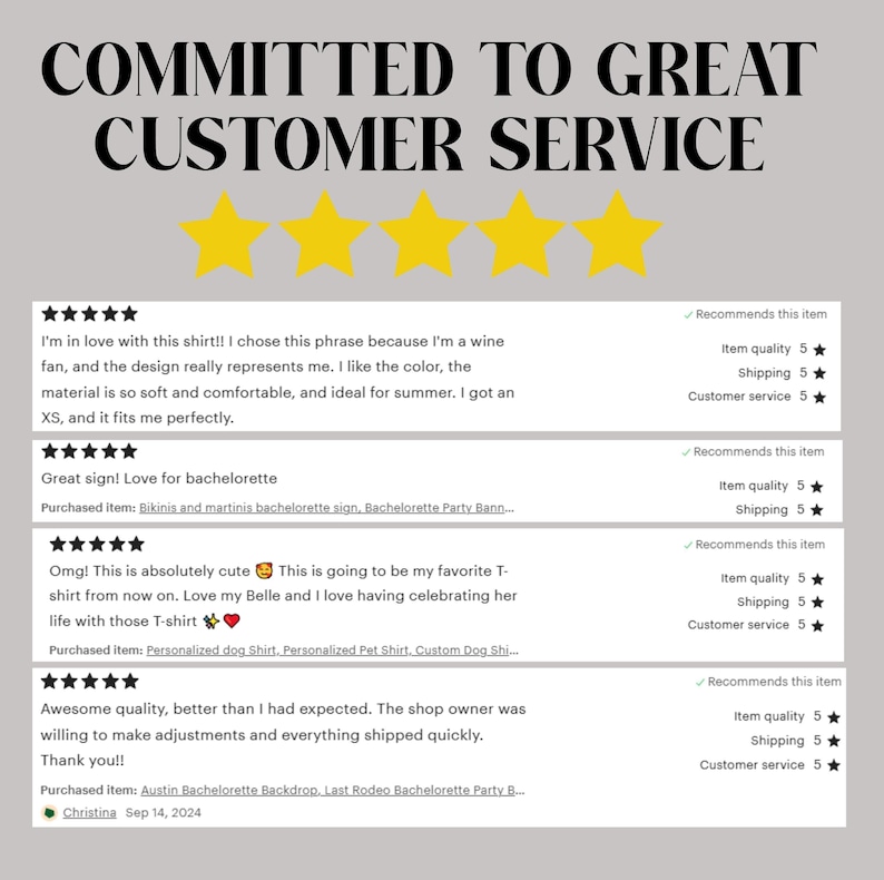 May include: A customer review graphic featuring the text COMMITTED TO GREAT CUSTOMER SERVICE above five yellow stars. Below are four individual five-star reviews with text, ratings for item quality, shipping, and customer service, and item names.