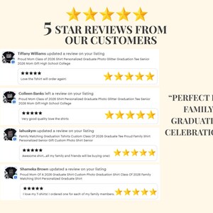 May include: Image showcasing customer reviews with a five-star rating. The text reads "5 STAR REVIEWS FROM OUR CUSTOMERS." Reviews mention personalized graduation shirts. The phrase "PERFECT FOR FAMILY GRADUATION CELEBRATIONS" is also displayed.