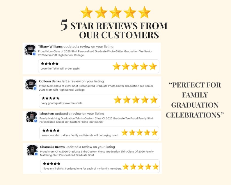 May include: Image showcasing customer reviews with a five-star rating. The text reads "5 STAR REVIEWS FROM OUR CUSTOMERS." Reviews mention personalized graduation shirts. The phrase "PERFECT FOR FAMILY GRADUATION CELEBRATIONS" is also displayed.