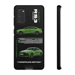 May include: Black phone case with a green Audi RS3 car design. The case includes the text "RS3", "Audi", "Kyalimi Green", and "Vorsprung Edition". The phone case is designed for a Samsung Galaxy S20.