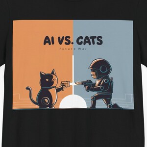 AI Cats Humor Future War Robot Pet Confrontation Cat Lover Feline Standoff Technology Science Fiction Cartoon Black Cat Armed Robot Gift