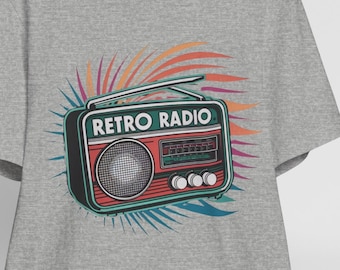 May include: A heather grey t-shirt with a vintage-style illustration of a red and black radio with the text "Retro Radio" on the front.