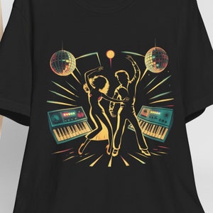Retro Disco Gold Glow Duo Couple Vibrant Colorful Dancing Pop Art Music Synthesizers Keyboards Disco Balls Celebration Party Fashion Tee