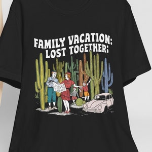 Familia Vacaciones Perdidos Juntos Cactus Desierto Mapa Coche Avería Confusión Viajes Humor Ilustración Estilo Caricatura Dibujo Colorido Vintage