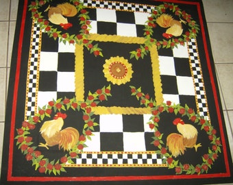 French Country ROOSTER FLOORCLOTH / Hand Painted Canvas Rug / Primitive / Sunflowers / Black and White Checked / Red Floral / 4 x 4