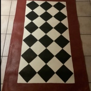 Floorcloth/ 3’x5’/ Black and White Diamonds/ wide Brick Red Border