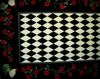 ROOSTER  Floorcloth / French country/ Red, Black & White   56&quot;x84&quot;  HARLEQUIN