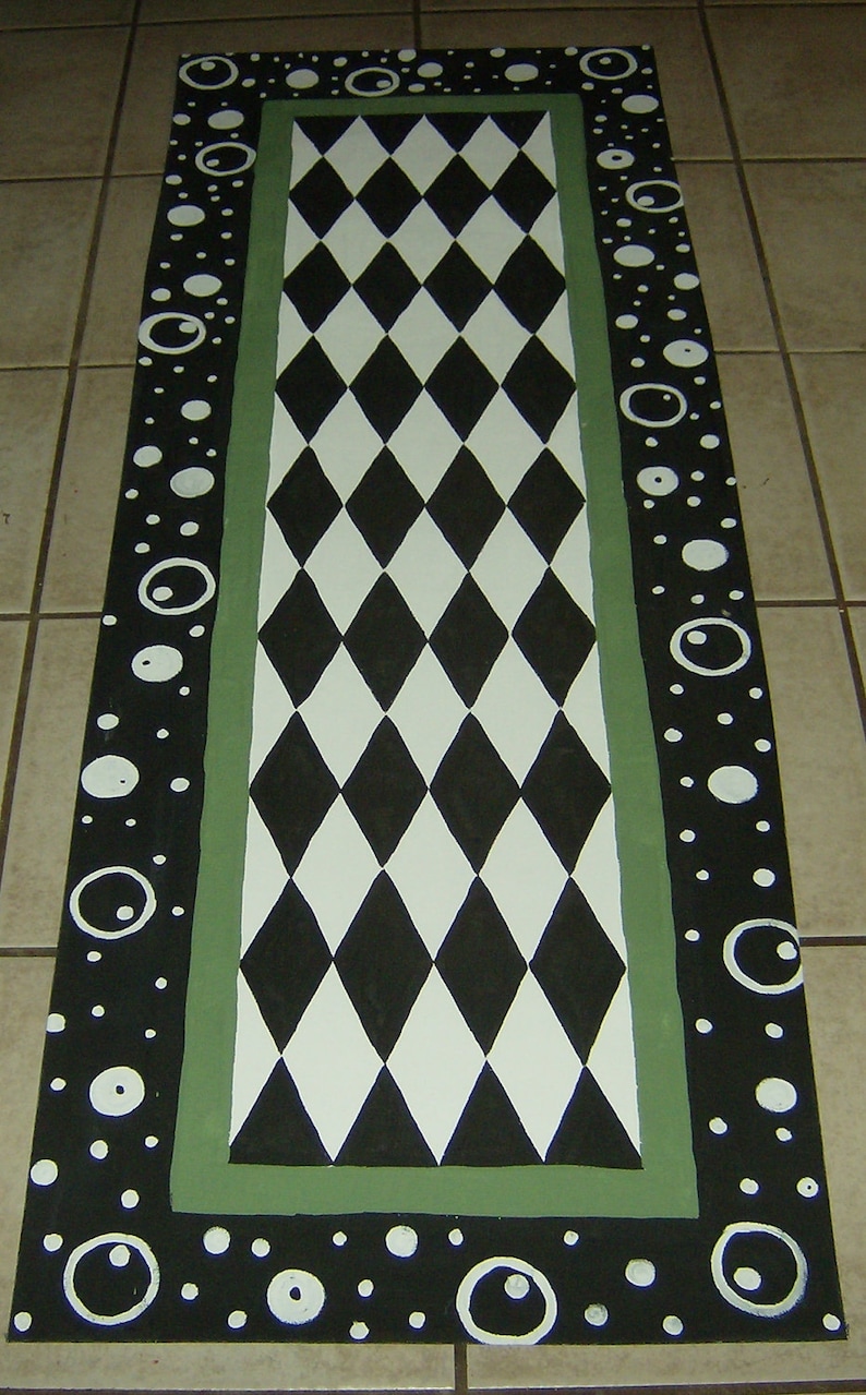 Deep Space FLOORCLOTH Runner / Hand Painted Canvas Rug / Whimsical / Black and White Checked / Green / 30 x 72 image 1