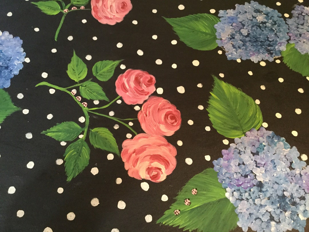 FLOORCLOTH COUNTRY RUNNER Hydrangeas / Pink Roses / Hand Painted Rug 2 ...