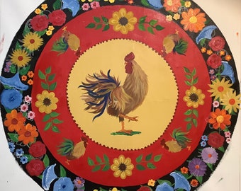 5’ Round Floorcloth / French Country/ Rooster/ Sunflowers / Floral