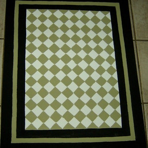Sage Green and Black FLOORCLOTH / French Country / Painted Canvas Rug / Diamond Pattern / 4'x6'