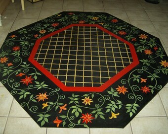 Red and Orange Floral Octagonal FLOORCLOTH / Hand Painted Rug / Country Primitive / Black / 5'x5'