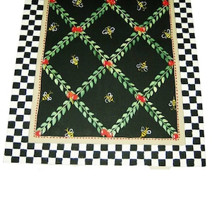 Bumble Bee FLOORCLOTH / Hand Painted Rug / Black and White Checks / Vines and Floral / 3 x 5