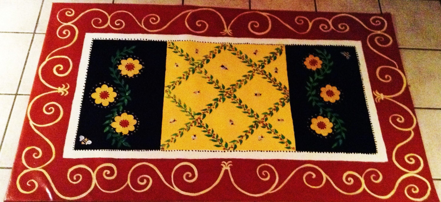 FLOORCLOTH , Hand Painted Rug COUNTRY PRIMITIVE Folkart 3'x5' / Honey ...