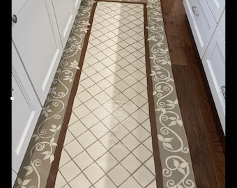 Floorcloth /Runner/ 3’x8’ / Khaki and Cream/ Flor de Lis/ French Country