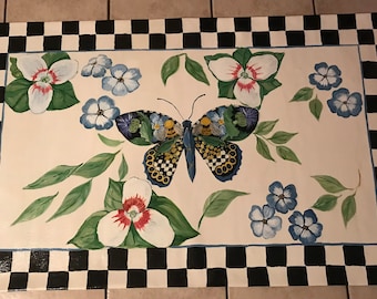 Floorcloth 3’x4’/ Ornate Butterfly/ black and white checks/ Trilliums/ country decor