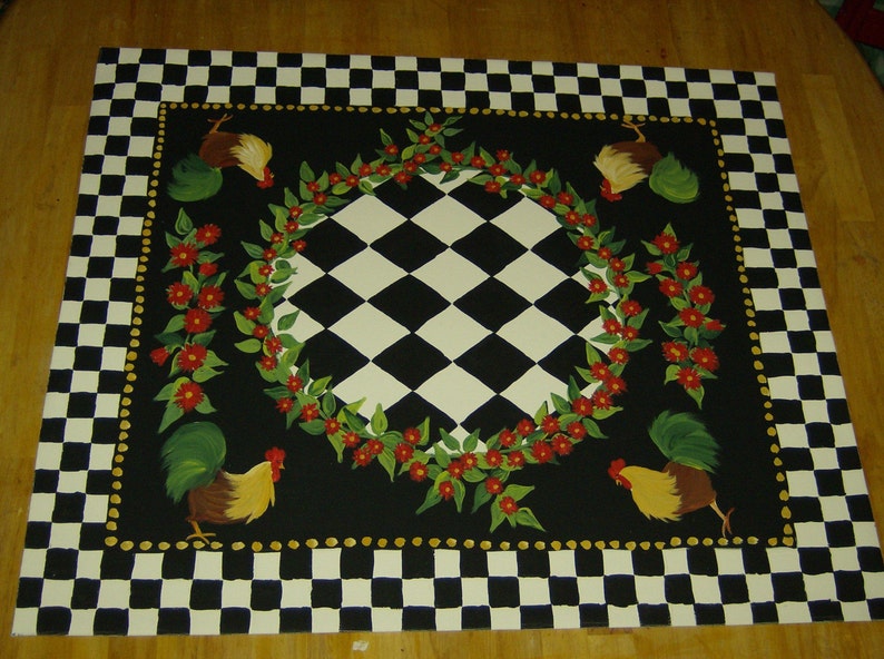 Floorcloth FRENCH COUNTRY ROOSTER hand painted rug. 4x4 image 1