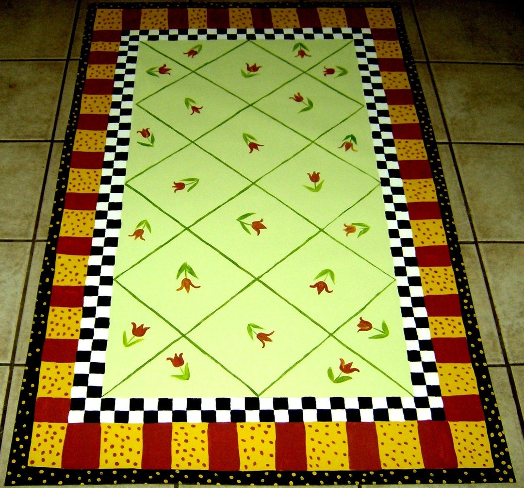 Hand-painted Folk Art Floorcloth: Pale Green Tulip Rug (3x5) - Etsy