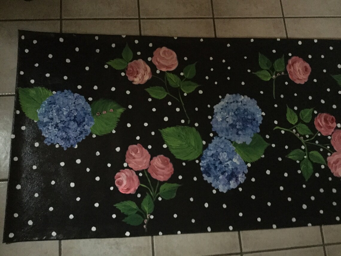 FLOORCLOTH COUNTRY RUNNER Hydrangeas / Pink Roses / Hand Painted Rug 2 ...