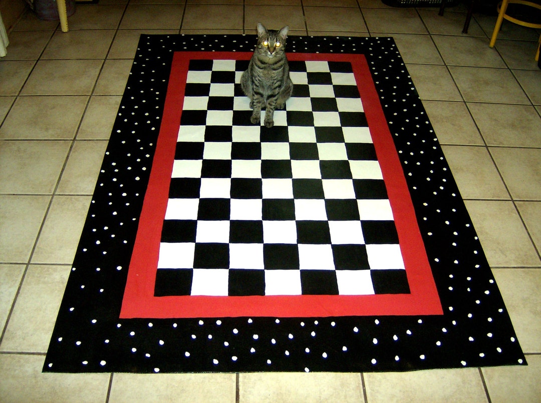 FLOORCLOTH Black and White Checks, Hand Painted Rug COUNTRY PRIMITIVE