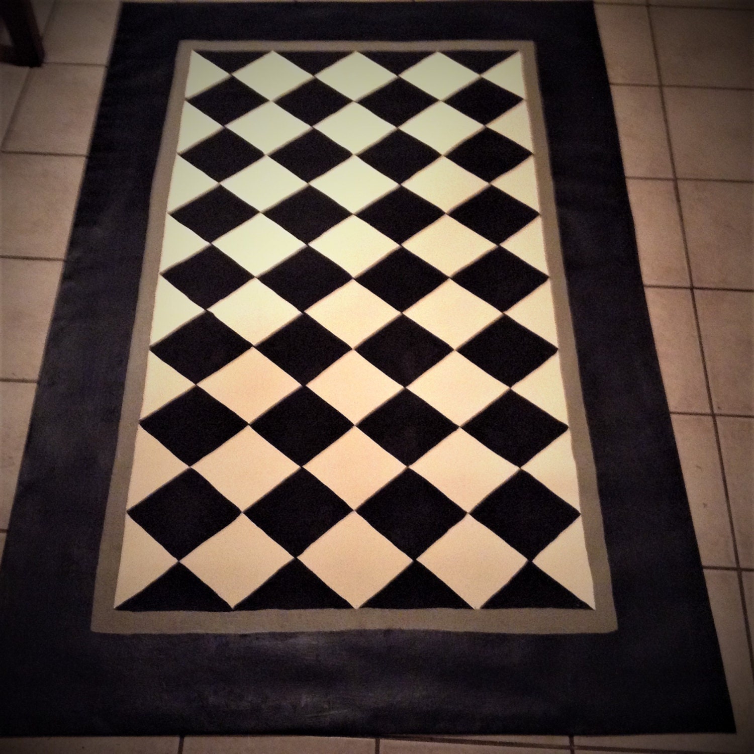 FLOORCLOTH Black and White Diamond Pattern, Hand Painted Rug COUNTRY