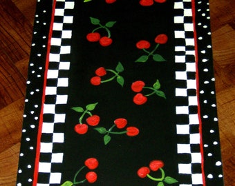 FLOORCLOTH   hand painted, COTTAGE SHABBY / 30"x56"   Cherries / Polka Dots