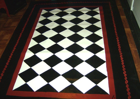 FLOORCLOTH Black and White Diamond Pattern, Hand Painted Rug