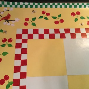 Floorcloth /  hand painted rug /  Cardinals / Cherries / 5&#39;x5&#39;