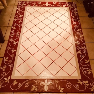 FLOORCLOTH  French Country/ Fleur de Lis/ Colonial Red, Country Tan, and White