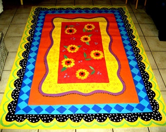 FLOORCLOTH    Hand Painted Canvas Rug  5'x7'  WHIMSICAL