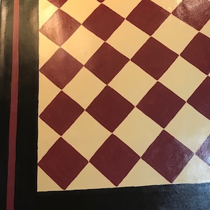 Brick Red, Honey Gold and Black FLOORCLOTH / French Country / Painted Canvas Rug / Diamond Pattern / 4&#39;x6&#39;