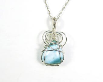 Larimar Pendant Necklace: Wire Wrapped Caribbean Blue Gemstone, Sterling Silver, 18" Chain Optional