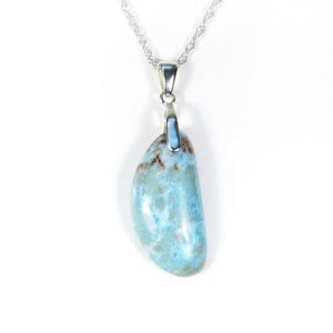 Blue Red Larimar Pendant: Smooth Half Moon Stone on 20&quot; Rope Chain, Sterling Silver