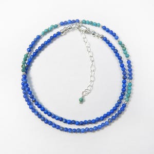 Lapis Lazuli Turquoise Necklace: Tiny 2mm Beads, Sterling Silver, Adjustable 16-18&quot;