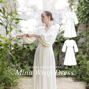 Könnte beinhalten: Ein weißes Wickelkleid mit langen Ärmeln und einem Bindegürtel. Das Kleid wird von einem Model in einer Gartenkulisse gezeigt. Der Text "Silversaga Patterns Mina Wrap Dress" ist unter dem Model zu sehen.