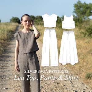 May include: A brown short-sleeved top and matching wide-leg pants set, accompanied by technical line drawings of the top, pants, and a skirt. The text reads SILVERSAGA PATTERNS Lea Top, Pants & Skirt. The garments feature a loose, relaxed fit.