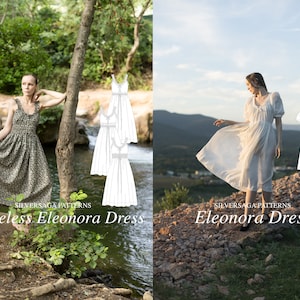 Puede incluir: Dos mujeres vistiendo diferentes versiones del vestido Eleonora. El vestido de la izquierda es sin mangas y tiene un estampado floral. El vestido de la derecha tiene mangas cortas y es blanco. Ambos vestidos son de largo midi y tienen una silueta fluida. El texto "Sleeveless Eleonora Dress" y "Eleonora Dress" es visible en la imagen.