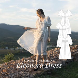 Puede incluir: Un vestido blanco con un corpiño fruncido y mangas abullonadas. El vestido se muestra en una modelo de pie en una ladera rocosa. El texto "Silversaga Patterns Eleonora Dress" se muestra debajo de la modelo.