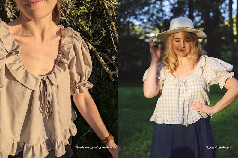 Pode incluir: Uma blusa bege com decote com babados e mangas curtas bufantes. A blusa tem um detalhe de la&ccedil;o no peito e uma bainha com babados. A segunda imagem mostra uma blusa semelhante com um padr&atilde;o xadrez, combinada com um chap&eacute;u e uma saia azul escura.