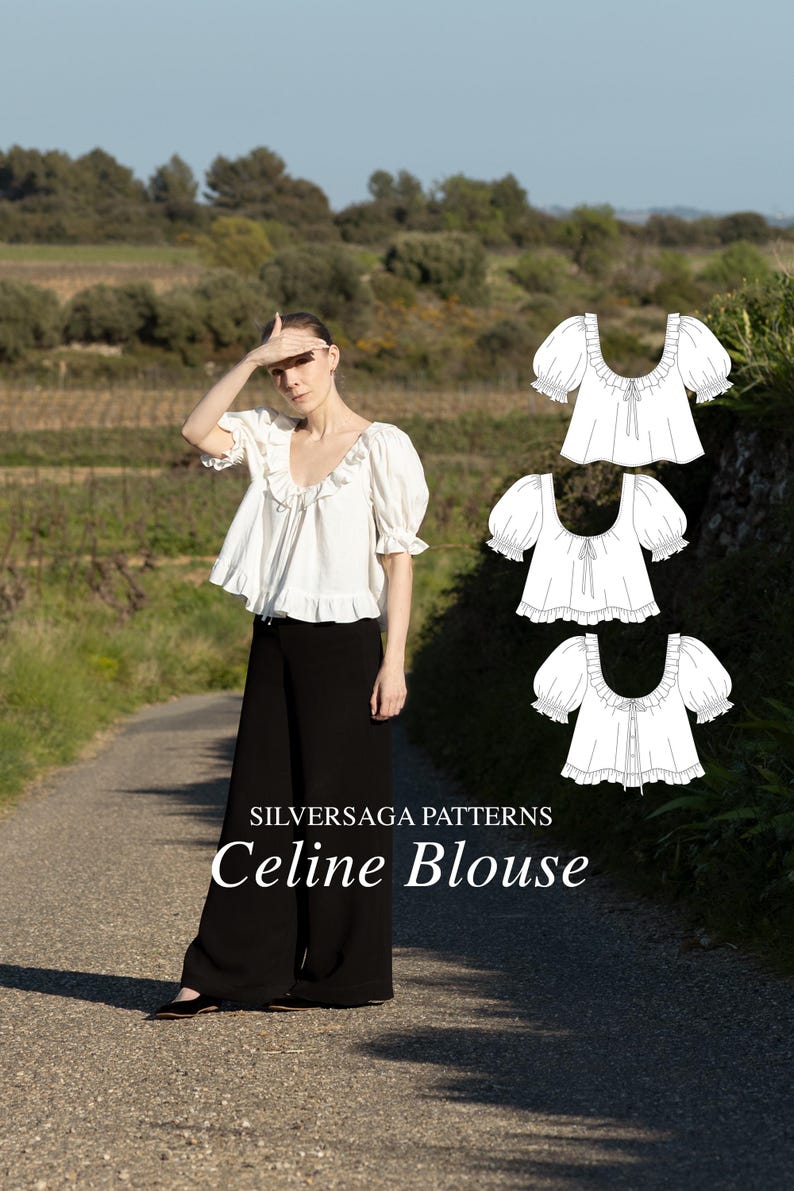 Pode incluir: Uma mulher vestindo uma blusa branca com babados e mangas bufantes curtas, combinada com cal&ccedil;as pretas. A imagem inclui tr&ecirc;s desenhos lineares da blusa e o texto "SILVERSAGA PATTERNS Celine Blouse". O fundo &eacute; uma paisagem rural.