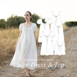 May include: A woman in a white dress with short sleeves and a round neckline, walking on a dirt path. The dress has a flowing silhouette. The image also shows pattern illustrations of the Chloe Dress & Top by Silversaga Patterns.