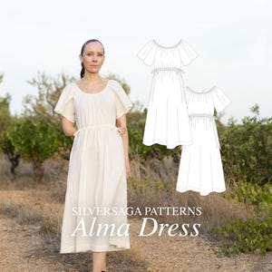 Könnte beinhalten: Eine Frau trägt ein cremefarbenes Kleid mit kurzen, flatternden Ärmeln und einer schmalen Taille. Das Kleid ist knielang und wird mit schwarzen Sandalen kombiniert. Das Bild enthält eine Strichzeichnung des Kleides und den Text "SILVERSAGA PATTERNS Alma Dress."