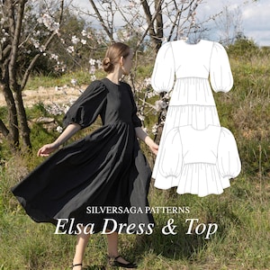 Puede incluir: Un vestido negro y un top blanco con mangas abullonadas. El vestido y el top están superpuestos y tienen una falda de capas. El texto "SILVERSAGA PATTERNS Elsa Dress & Top" está en la parte inferior de la imagen.