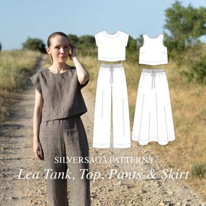 Può includere: Un completo in lino marrone composto da un top a maniche corte e pantaloni a gamba larga. Accanto al completo ci sono disegni al tratto bianchi che mostrano una canotta, un top a maniche corte, pantaloni larghi e una gonna. Testo: SILVERSAGA PATTERNS Lea Tank, Top, Pants & Skirt.
