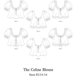 Pode incluir: Desenhos lineares de seis varia&ccedil;&otilde;es do padr&atilde;o The Celine Blouse, com decote quadrado e mangas bufantes. O texto "SILVERSAGA PATTERNS" e "The Celine Blouse" s&atilde;o exibidos. Os tamanhos EU34-54 s&atilde;o listados.