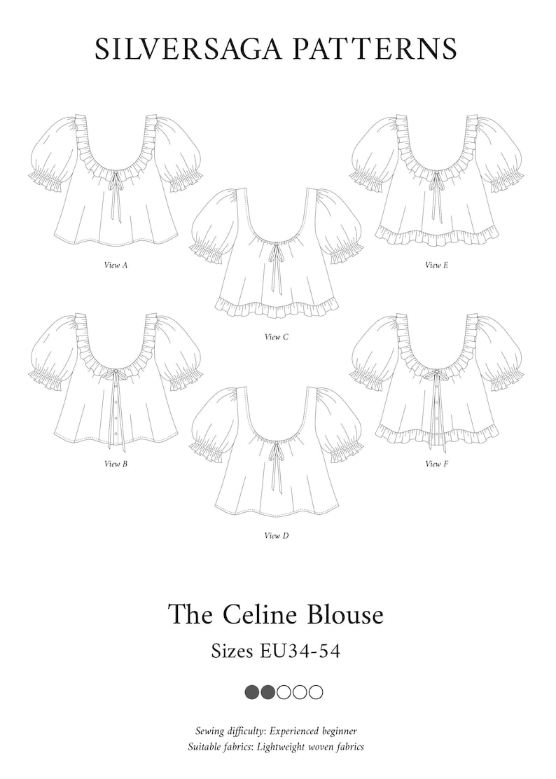 Pode incluir: Desenhos lineares de seis varia&ccedil;&otilde;es do padr&atilde;o The Celine Blouse, com decote quadrado e mangas bufantes. O texto "SILVERSAGA PATTERNS" e "The Celine Blouse" s&atilde;o exibidos. Os tamanhos EU34-54 s&atilde;o listados.
