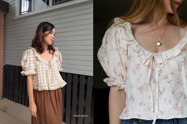 Pode incluir: Duas blusas s&atilde;o mostradas. Uma &eacute; um padr&atilde;o xadrez bege e branco com bordas com babados e mangas curtas. A outra &eacute; uma blusa creme com estampa floral, decote com babados e mangas curtas bufantes. Ambas t&ecirc;m um detalhe de la&ccedil;o no decote.