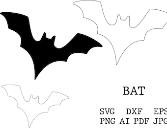 May include: A digital graphic featuring one solid black bat silhouette and two outlined bat silhouettes. The text BAT is displayed in a serif font, followed by the file formats SVG, DXF, EPS, PNG, AI, PDF, and JPG listed in two rows.