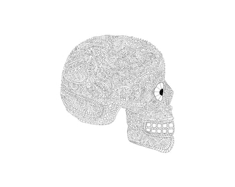 May include: A black and white line art illustration of a human skull in profile. The entire surface of the skull is filled with intricate, dense patterns, including geometric shapes, swirls, and small figures, with a single dark eye socket.