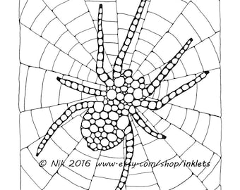May include: A black and white line art illustration of a spider with a body and legs composed of circular patterns, positioned on a web. The text Nik 2016 www.etsy.com/shop/inklets is printed in the lower section of the drawing.